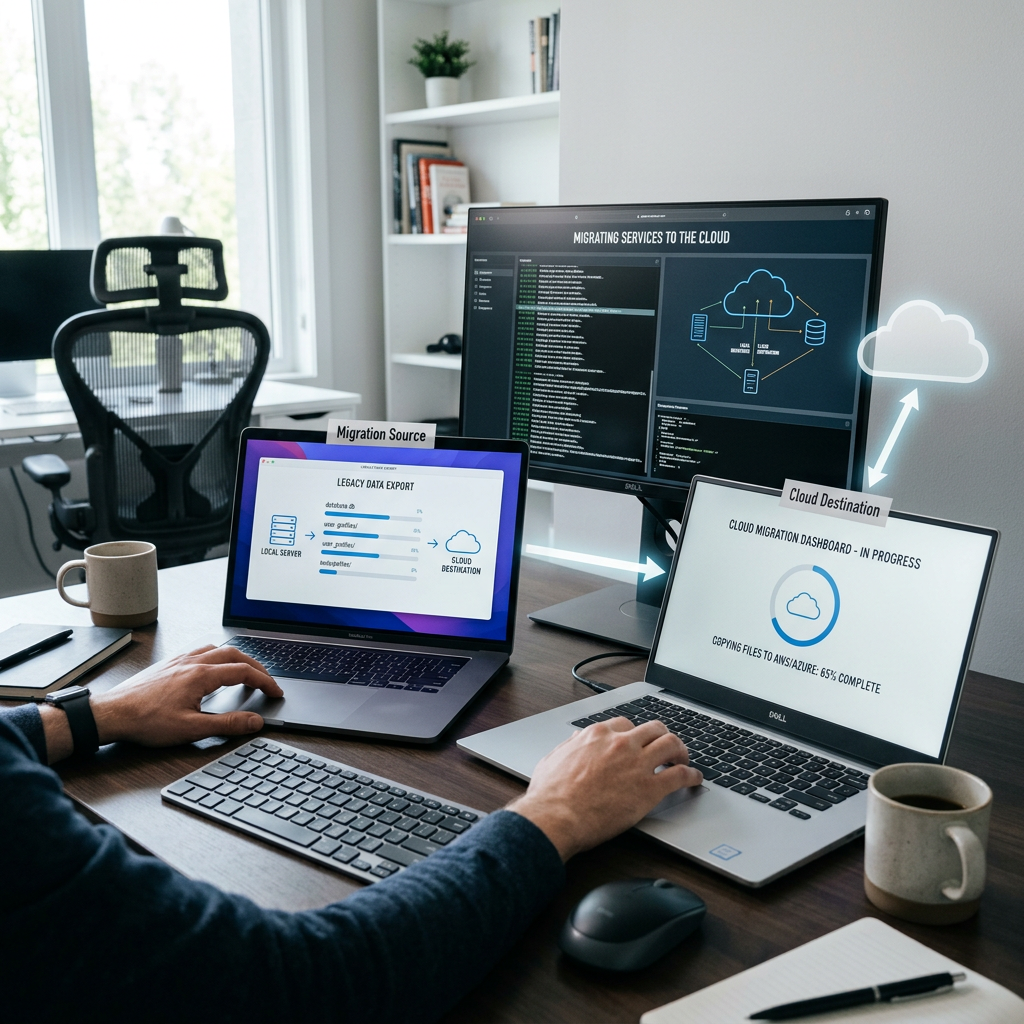 Two laptops and a monitor displaying cloud migration data and code in an office setting